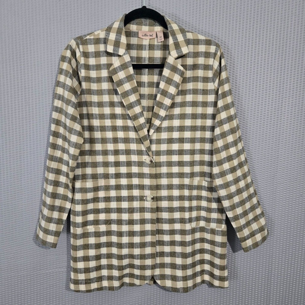 Willow Root Gingham Linen Blend Blazer Jacket XS Olive Green Cottagecore Preppy
